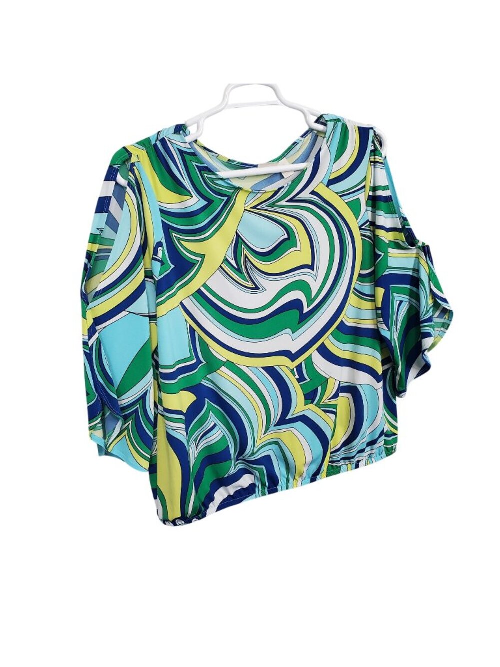 Chico's 3 Size XL Blouse Geometric Swirl Cold Shoulder Stretch Split Sleeves